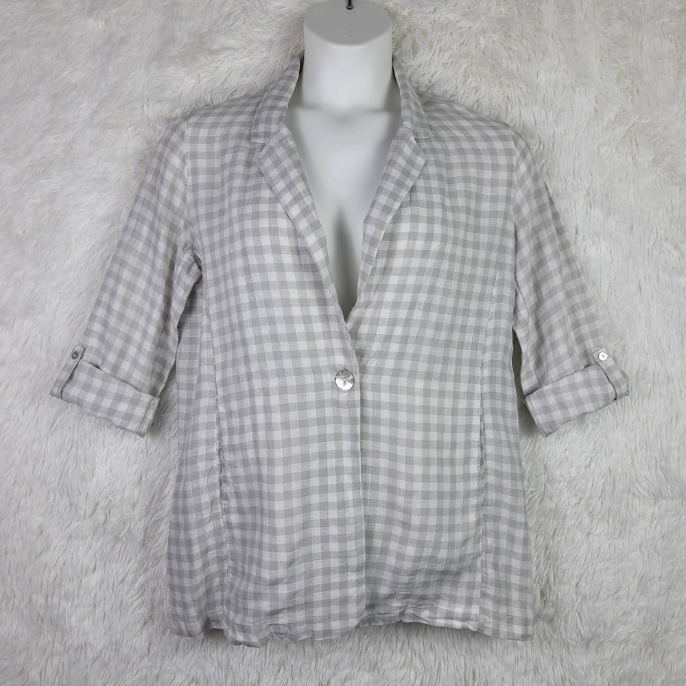 Cynthia Rowley 100% Linen Medium Blazer Jacket Roll Tab Gray Gingham